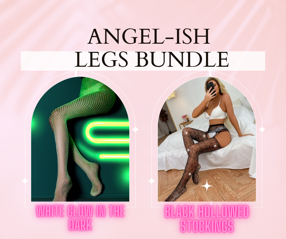 Angel-ish legs bundle , glow in the dark fishnets, black hollowed stockings with bling